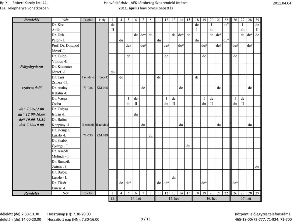 30-12.00 Dr. Gulyás du" 12.00-16.00 István -I. du de* 10.00-13.30 Dr. Bálint de# #7301000 7.30-10.00 Koppány -I. II.rendelő II.rendelő du du du du Dr. Demjén László -I. 71-595 KM 028 du Dr.