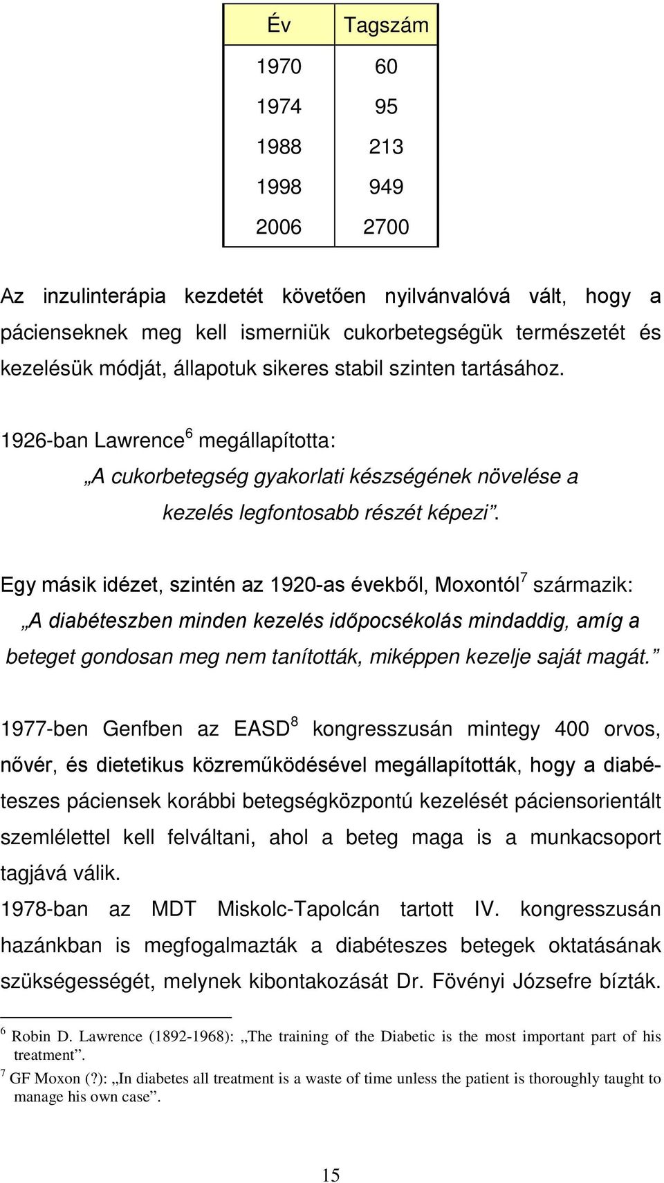 Egy másik idézet, szintén az 1920-as évekből, Moxontól 7 származik: A diabéteszben minden kezelés időpocsékolás mindaddig, amíg a beteget gondosan meg nem tanították, miképpen kezelje saját magát.