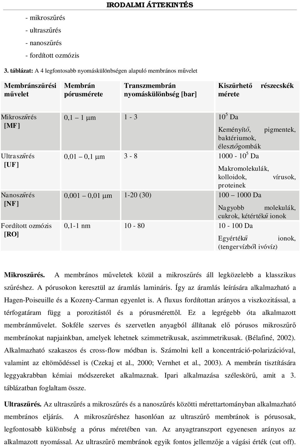 Ultrasz rés [UF] Nanosz rés [NF] Fordított ozmózis [RO] 0,1 1 m 1-3 10 5 Da Keményít, pigmentek, baktériumok, éleszt gombák 0,01 0,1 m 3-8 1000-10 5 Da Makromolekulák, kolloidok, vírusok, proteinek