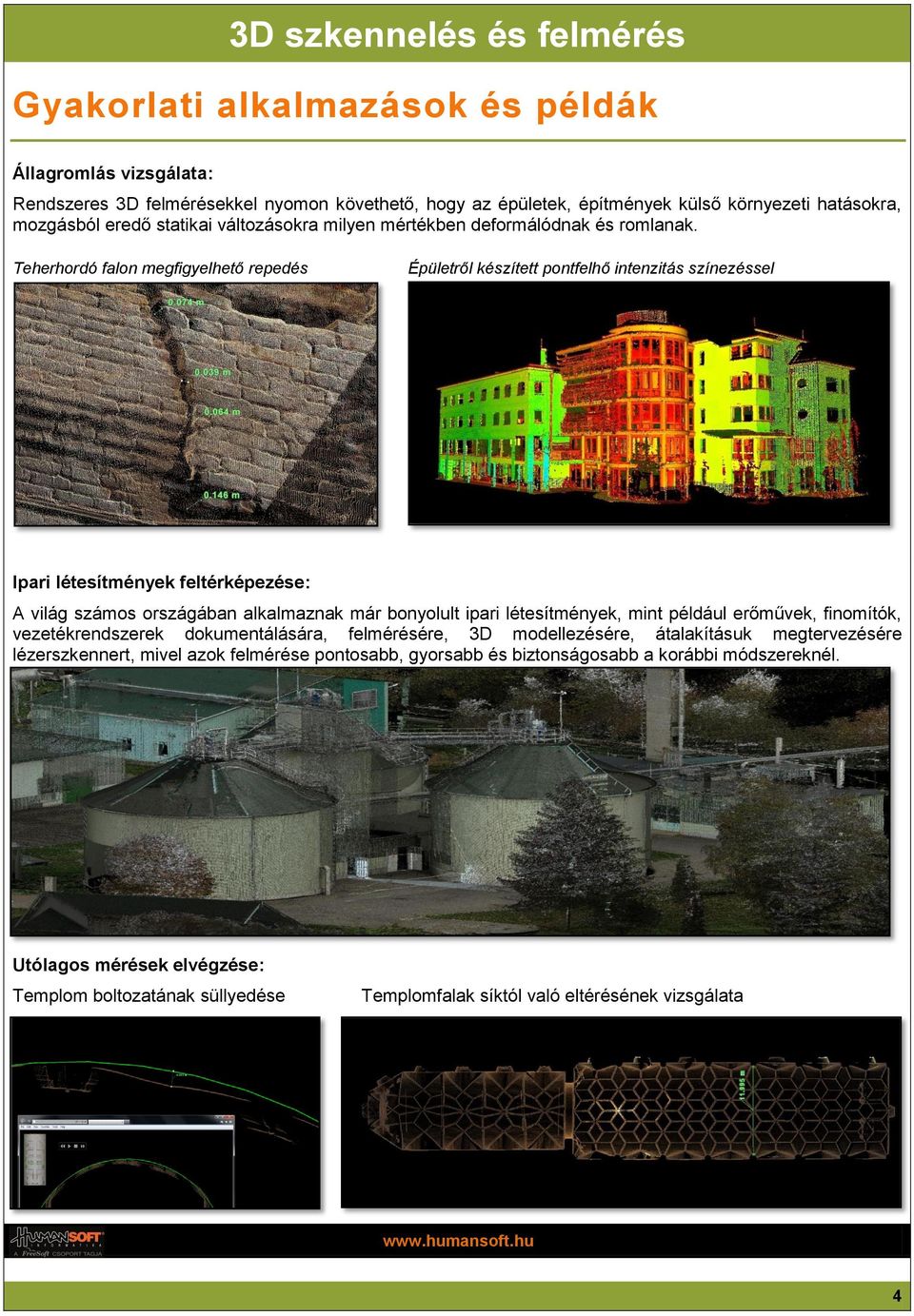 Teherhordó falon megfigyelhető repedés Épületről készített pontfelhő intenzitás színezéssel Ipari létesítmények feltérképezése: A világ számos országában alkalmaznak már bonyolult ipari