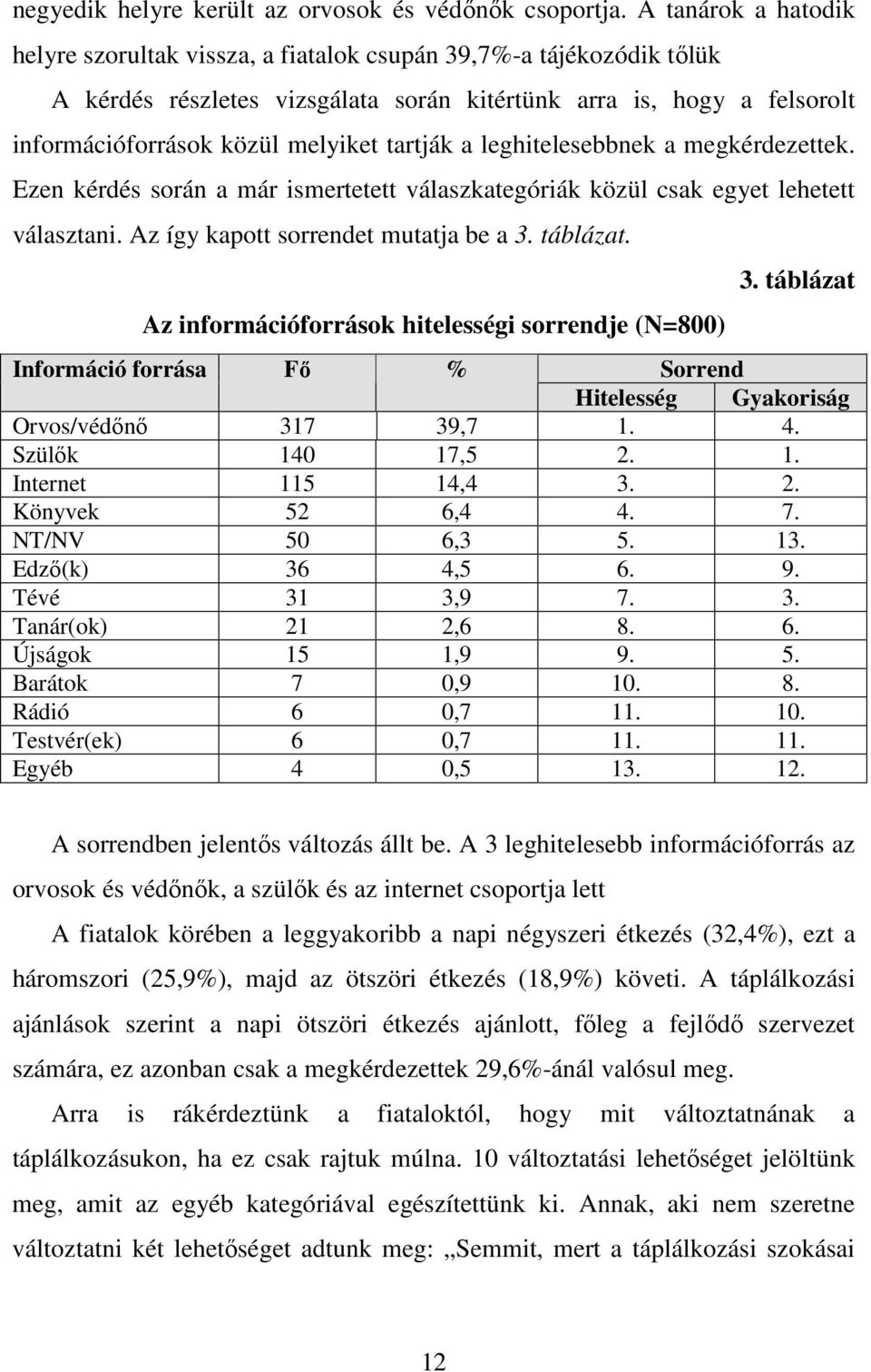 tartják a leghitelesebbnek a megkérdezettek. Ezen kérdés során a már ismertetett válaszkategóriák közül csak egyet lehetett választani. Az így kapott sorrendet mutatja be a 3. táblázat.