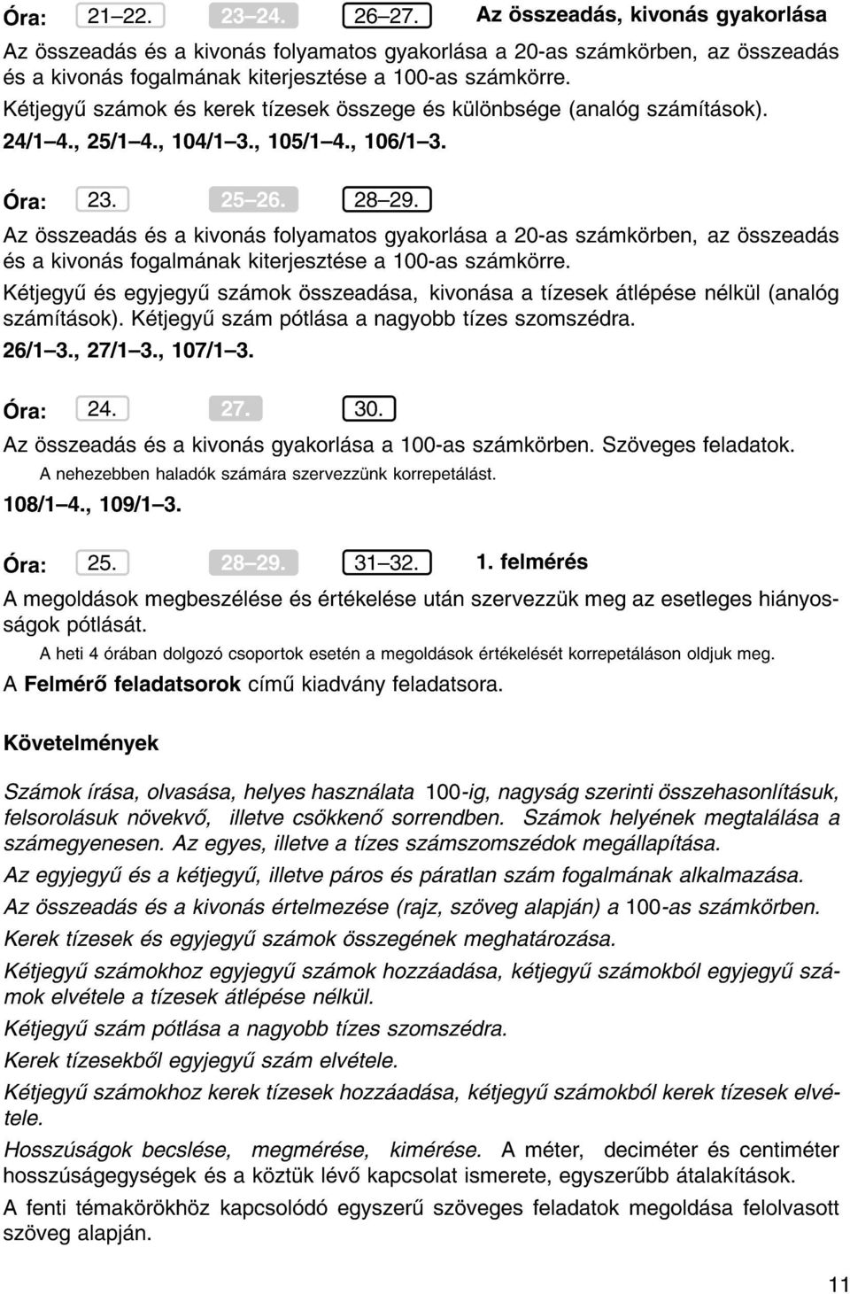 Az sszead s s a kivon s folyamatos gyakorl sa a 20-as sz mk rben, az sszead s s a kivon s fogalm nak kiterjeszt se a 100-as sz mk rre.