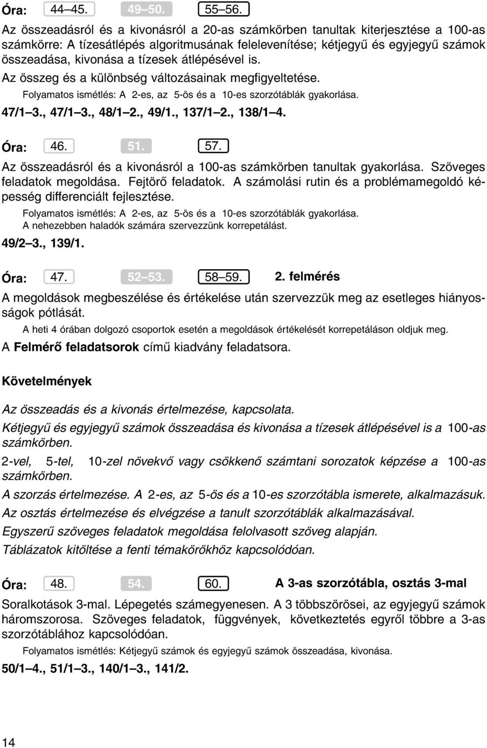 vel is. Az sszeg s a k l nbs g v ltoz sainak meggyeltet se. Folyamatos ism tl s: A 2-es, az 5- s s a 10-es szorz t bl k gyakorl sa. 47/1{3., 47/1{3., 48/1{2., 49/1., 137/1{2., 138/1{4. ra: 46. 51. 57.