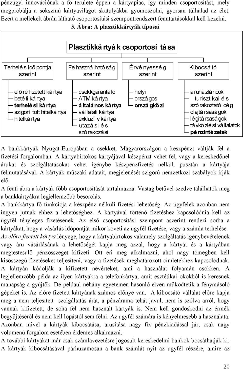 Ábra: A plasztikkártyák típusai Plasztikká rtyá k csoportosí tá sa Terhelé s idõ pontja szerint Felhasználható ság szerint Érvé nyessé g szerint Kibocsá tó szerint elõre fizetett kártya betéti kártya