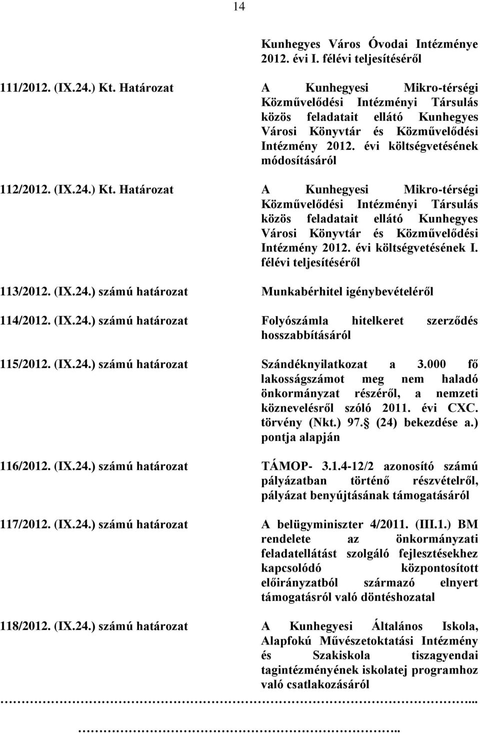 (IX.24.) Kt. Határozat A Kunhegyesi Mikro-térségi Közművelődési Intézményi Társulás közös feladatait ellátó Kunhegyes Városi Könyvtár és Közművelődési Intézmény 2012. évi költségvetésének I.