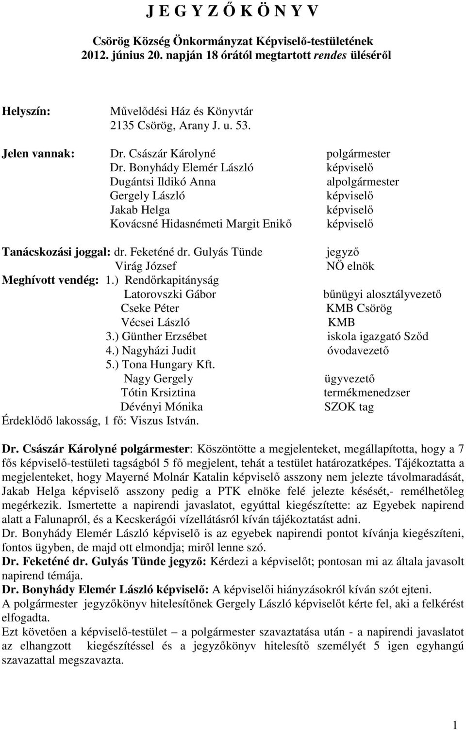 Bonyhády Elemér László képviselő Dugántsi Ildikó Anna alpolgármester Gergely László képviselő Jakab Helga képviselő Kovácsné Hidasnémeti Margit Enikő képviselő Tanácskozási joggal: dr. Feketéné dr.