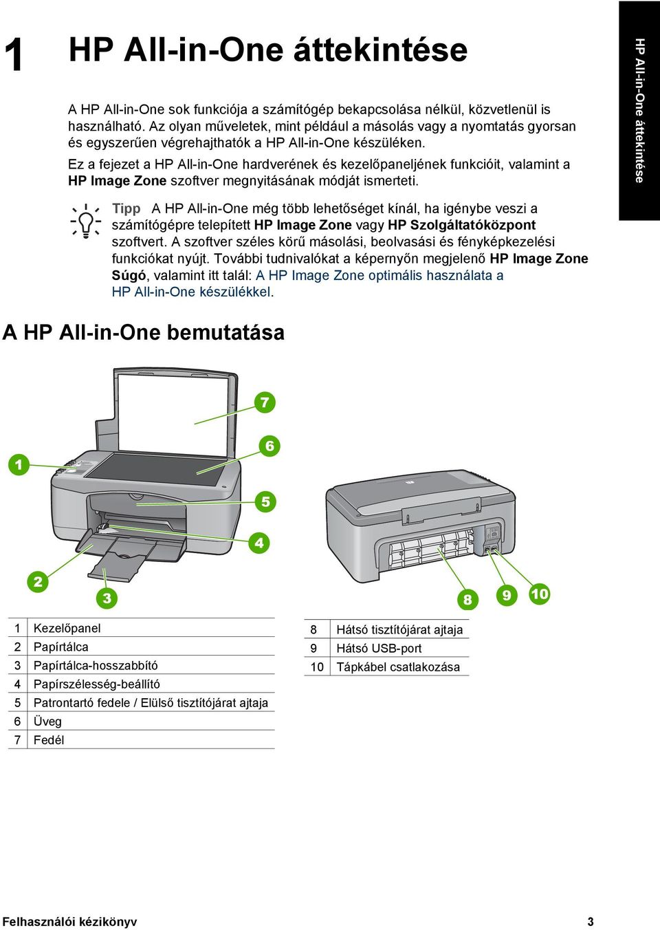 Ez a fejezet a HP All-in-One hardverének és kezelőpaneljének funkcióit, valamint a HP Image Zone szoftver megnyitásának módját ismerteti.