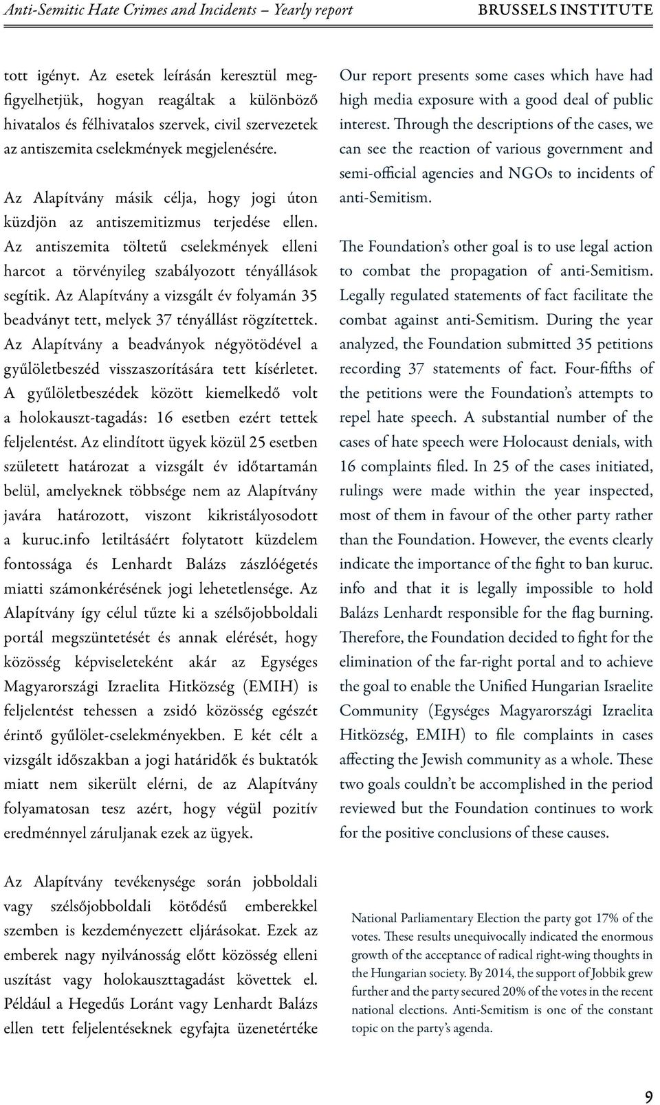 Az Alapítvány másik célja, hogy jogi úton küzdjön az antiszemitizmus terjedése ellen. Az antiszemita töltetű cselekmények elleni harcot a törvényileg szabályozott tényállások segítik.