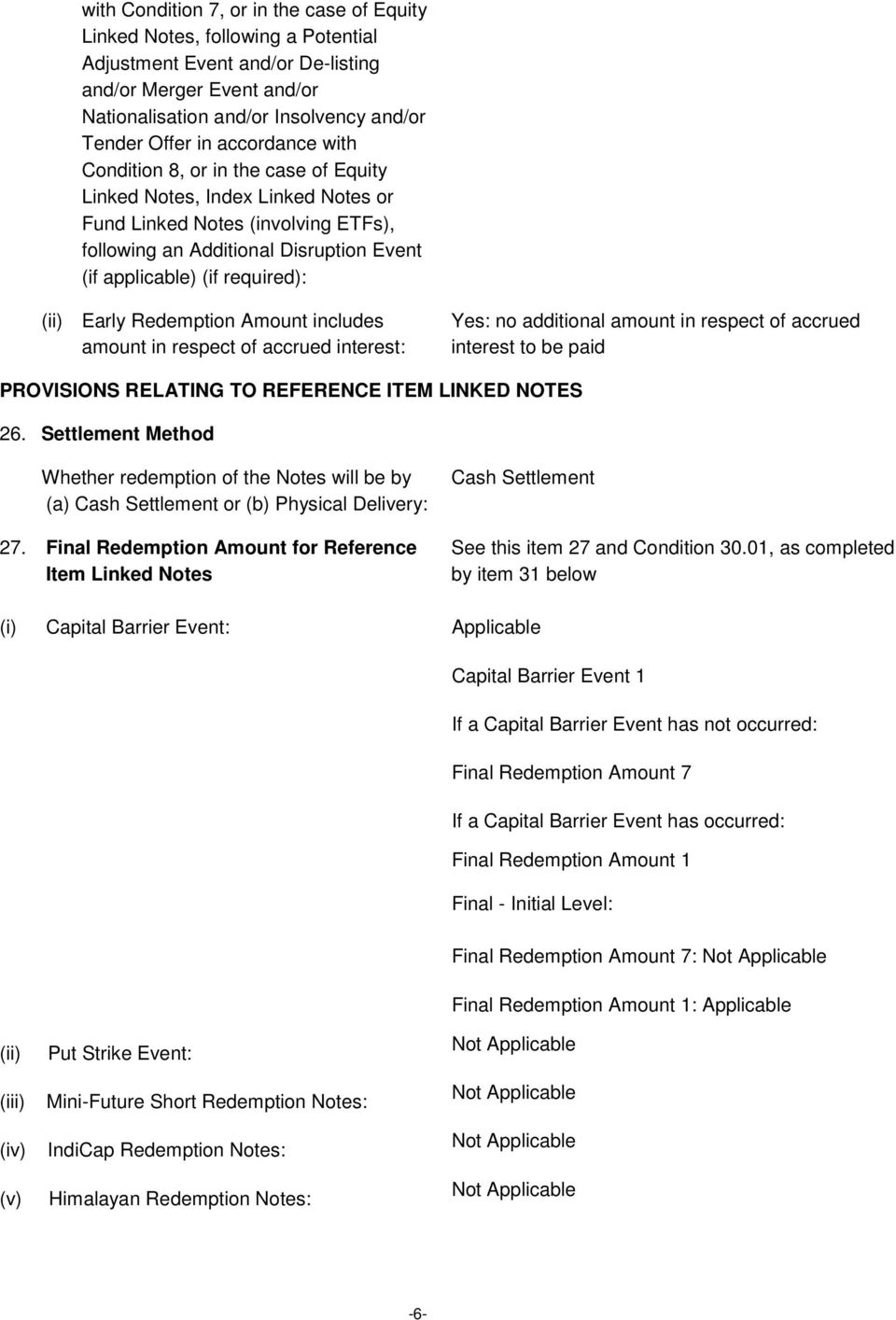 (ii) Early Redemption Amount includes amount in respect of accrued interest: Yes: no additional amount in respect of accrued interest to be paid PROVISIONS RELATING TO REFERENCE ITEM LINKED NOTES 26.