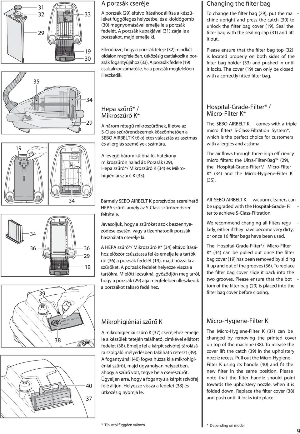 Changing the filter bag To change the filter bag (29), put the ma - chine upright and press the catch (30) to unlock the filter bag cover (19).