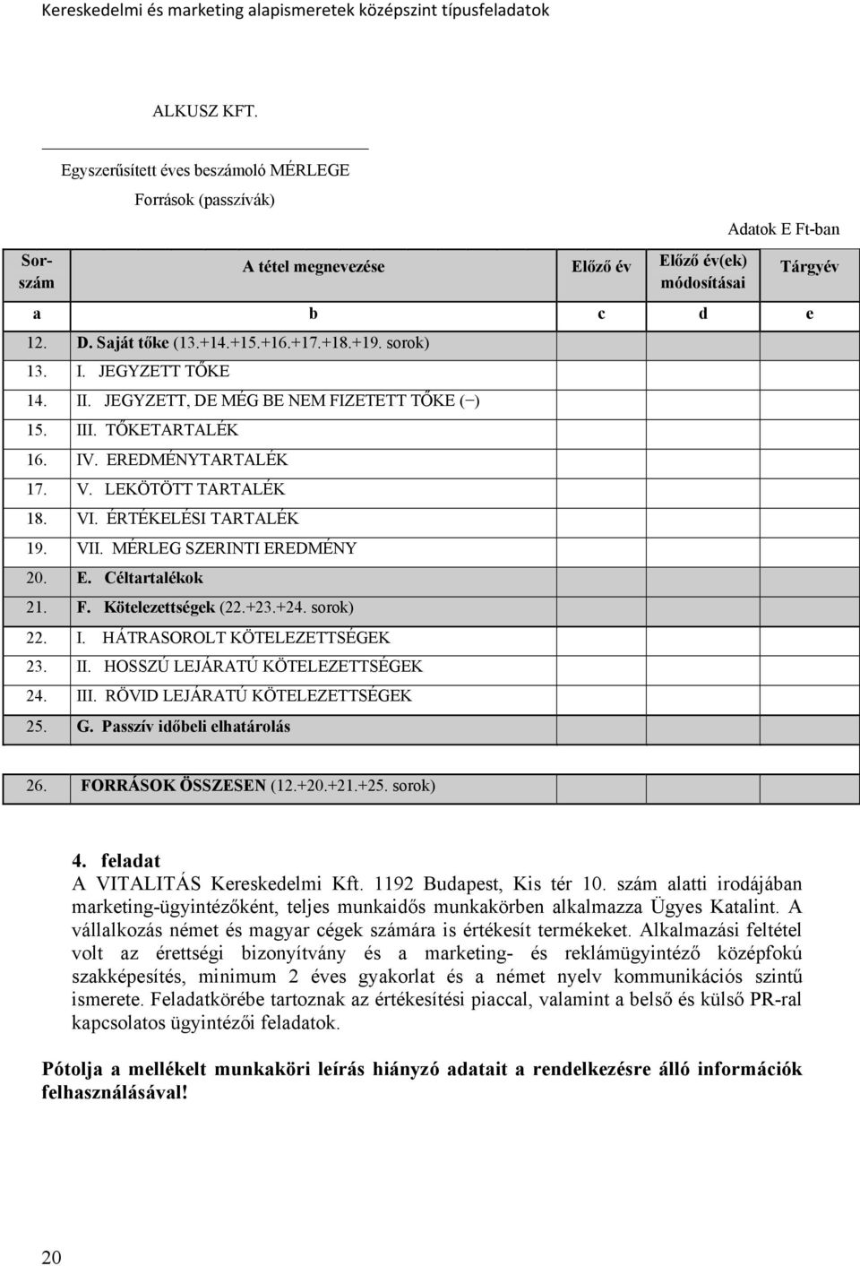 MÉRLEG SZERINTI EREDMÉNY 20. E. Céltartalékok 21. F. Kötelezettségek (22.+23.+24. sorok) 22. I. HÁTRASOROLT KÖTELEZETTSÉGEK 23. II. HOSSZÚ LEJÁRATÚ KÖTELEZETTSÉGEK 24. III.