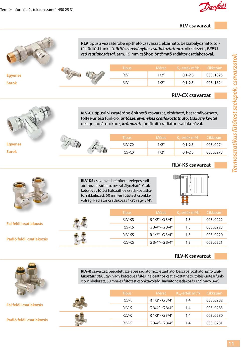 Típus Méret K v -érték m 3 /h Cikkszám RLV 1/2 0,1-2,5 003L1825 RLV 1/2 0,1-2,5 003L1824 RLV-CX csavarzat RLV-CX típusú visszatérőbe építhető csavarzat, elzárható, beszabályozható, töltés-ürítési