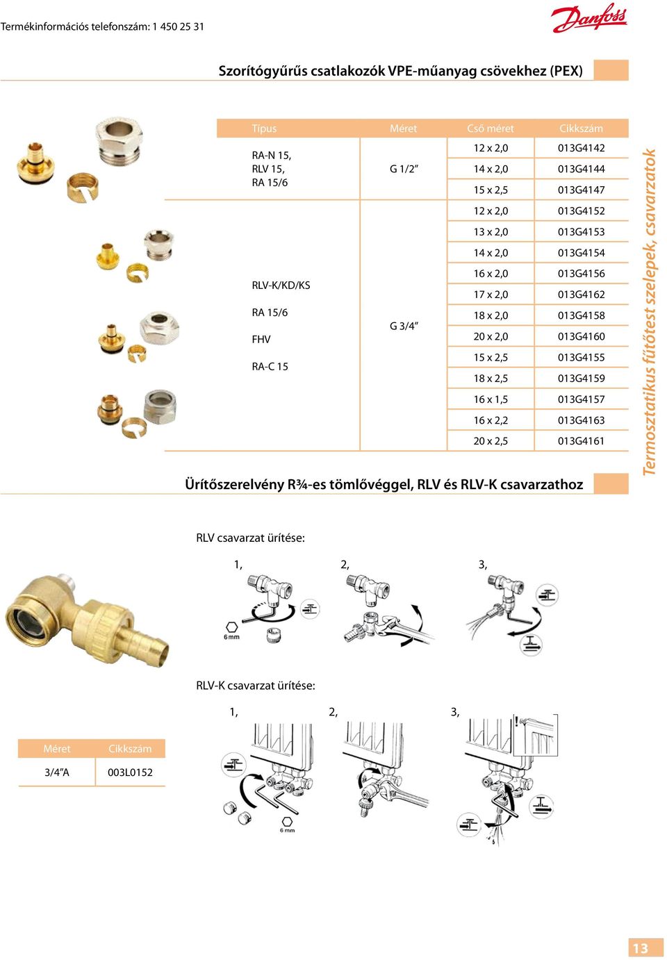 15 x 2,5 013G4155 18 x 2,5 013G4159 x 1,5 013G4157 x 2,2 013G43 20 x 2,5 013G41 Ürítőszerelvény R3/4-es tömlővéggel, RLV és RLV-K csavarzathoz 1) 1) G ¾ A 013R9262 Termosztatikus fűtőtest szelepek,