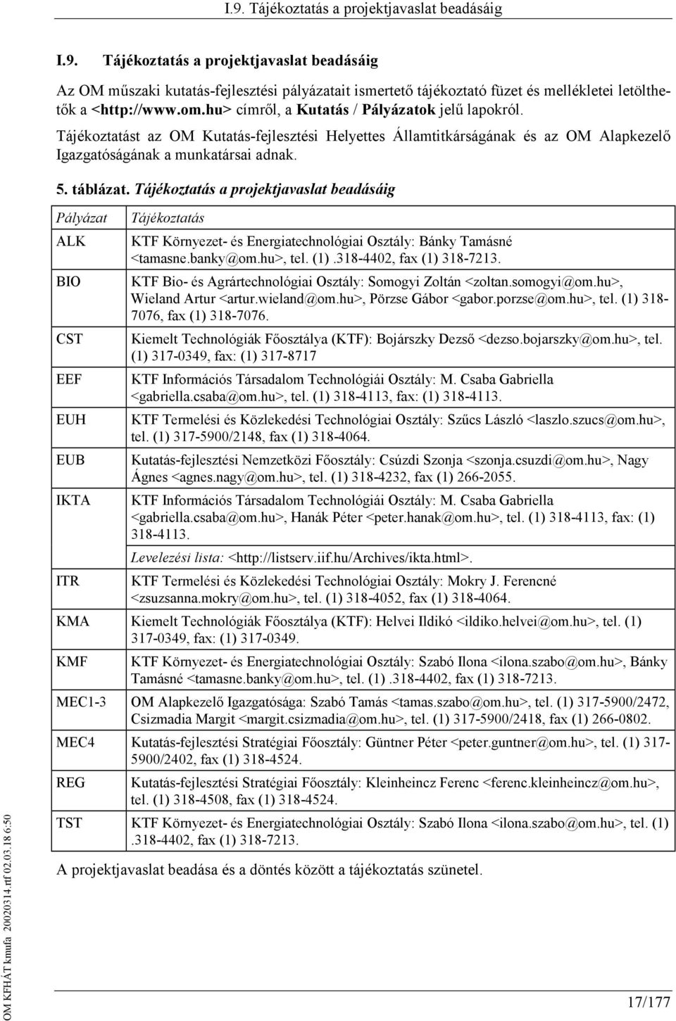 Tájékoztatás a projektjavaslat beadásáig Pályázat ALK BIO CST EEF EUH EUB IKTA Tájékoztatás KTF Környezet- és Energiatechnológiai Osztály: Bánky Tamásné <tamasne.banky@om.hu>, tel. (1).