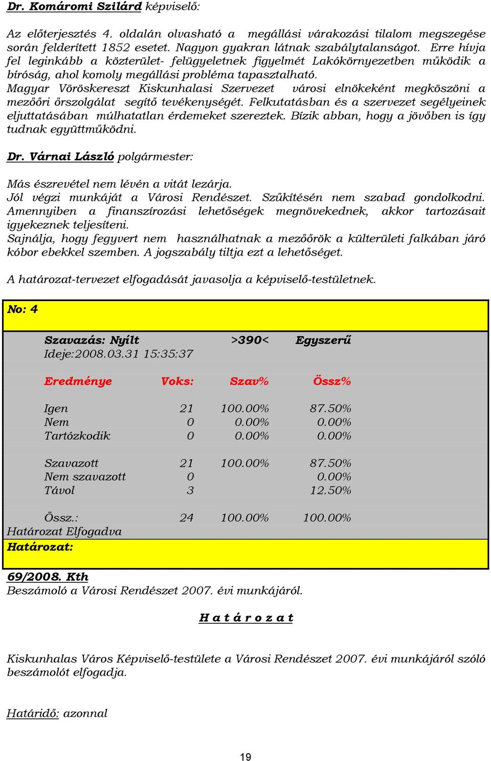 Magyar Vöröskereszt Kiskunhalasi Szervezet városi elnökeként megköszöni a mezőőri őrszolgálat segítő tevékenységét.