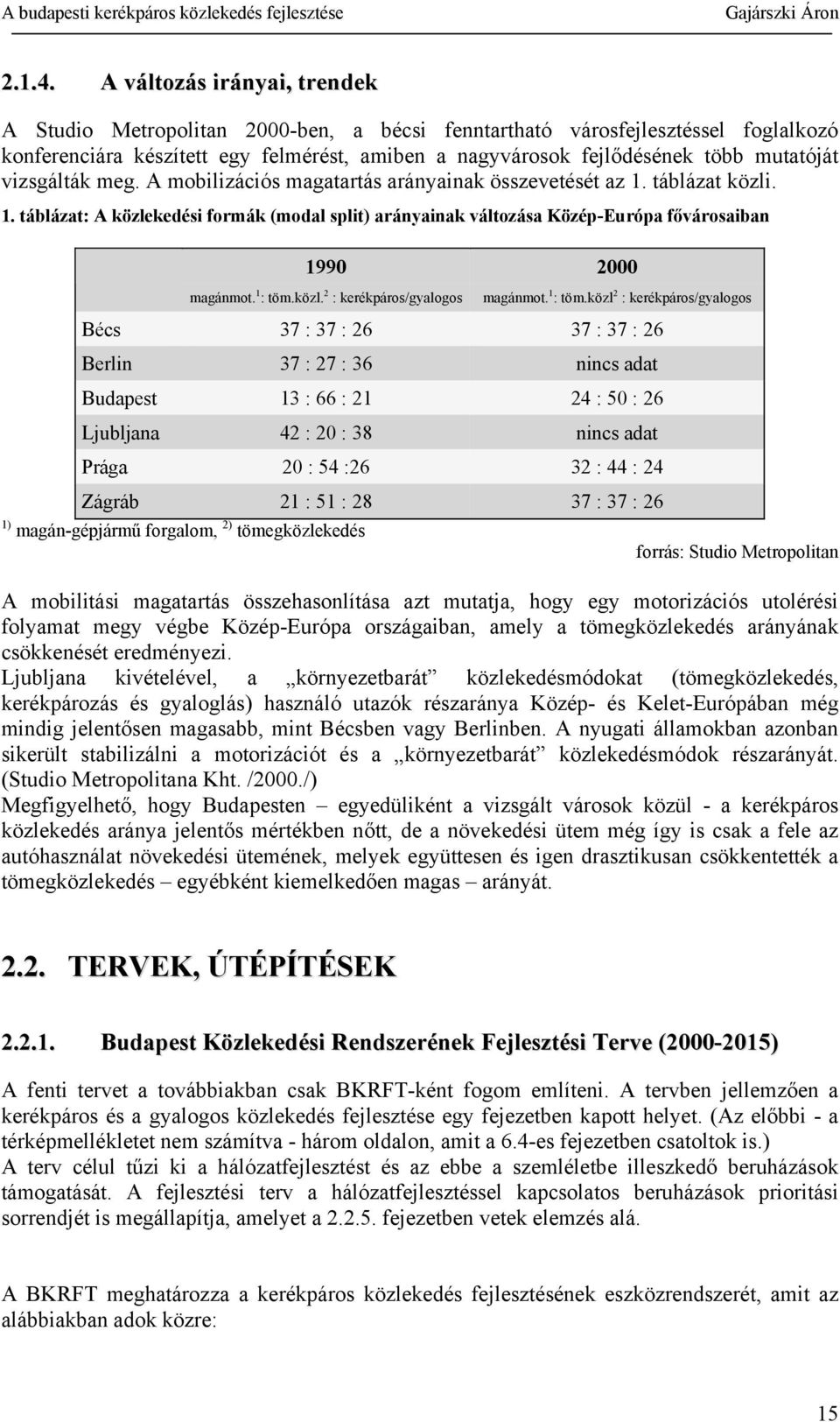 vizsgálták meg. A mobilizációs magatartás arányainak összevetését az 1. táblázat közli. 1. táblázat: A közlekedési formák (modal split) arányainak változása Közép-Európa fővárosaiban 1990 2000 magánmot.