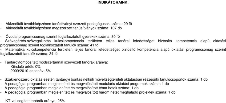 tanulók száma: 41 fı - Matematika kulcskompetencia területen teljes tanórai lefedettséget biztosító kompetencia alapú oktatási programcsomag szerint foglalkozatott tanulók száma: 34 fı -