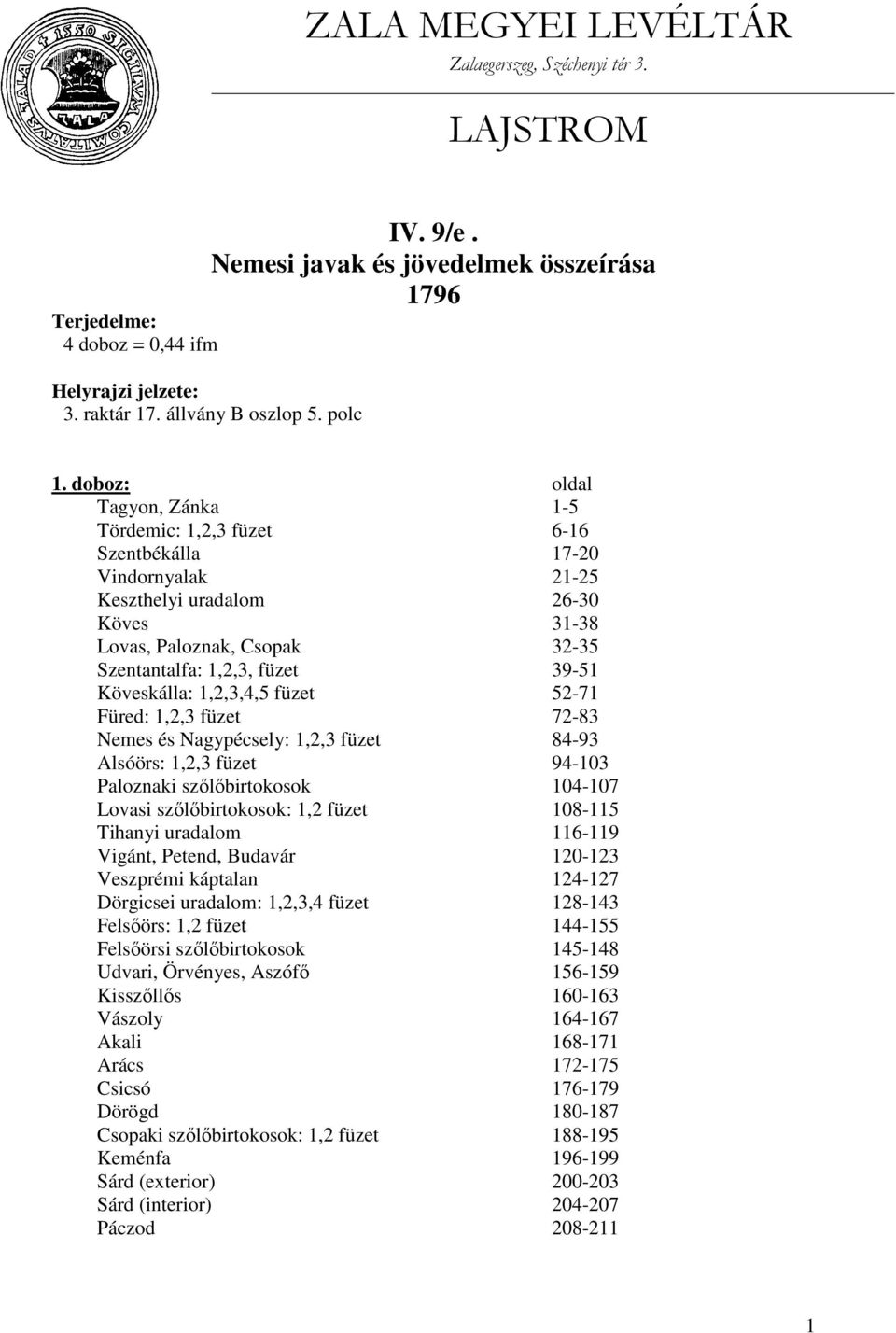 doboz: oldal Tagyon, Zánka 1-5 Tördemic: 1,2,3 füzet 6-16 Szentbékálla 17-20 Vindornyalak 21-25 Keszthelyi uradalom 26-30 Köves 31-38 Lovas, Paloznak, Csopak 32-35 Szentantalfa: 1,2,3, füzet 39-51