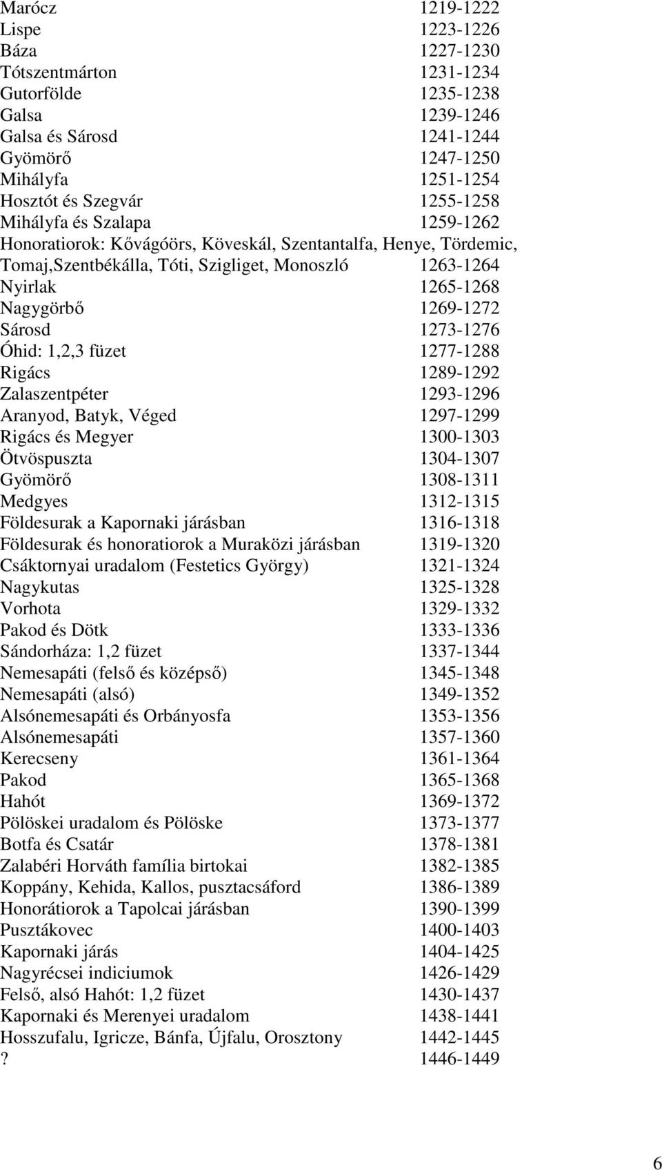 Sárosd 1273-1276 Óhid: 1,2,3 füzet 1277-1288 Rigács 1289-1292 Zalaszentpéter 1293-1296 Aranyod, Batyk, Véged 1297-1299 Rigács és Megyer 1300-1303 Ötvöspuszta 1304-1307 Gyömörő 1308-1311 Medgyes