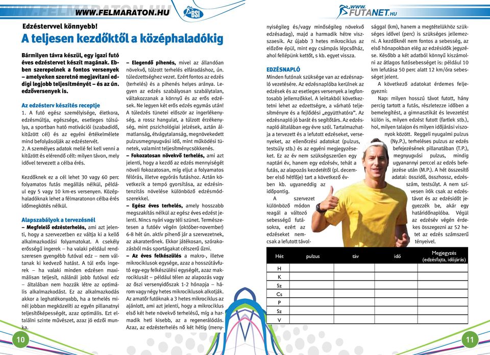 A futó egész személyisége, életkora, edzésmúltja, egészsége, esetleges túlsúlya, a sportban ható motivációi (szabadidô, kitûzött cél) és az egyéni értékelmélete mind befolyásolják az edzéstervét. 2.