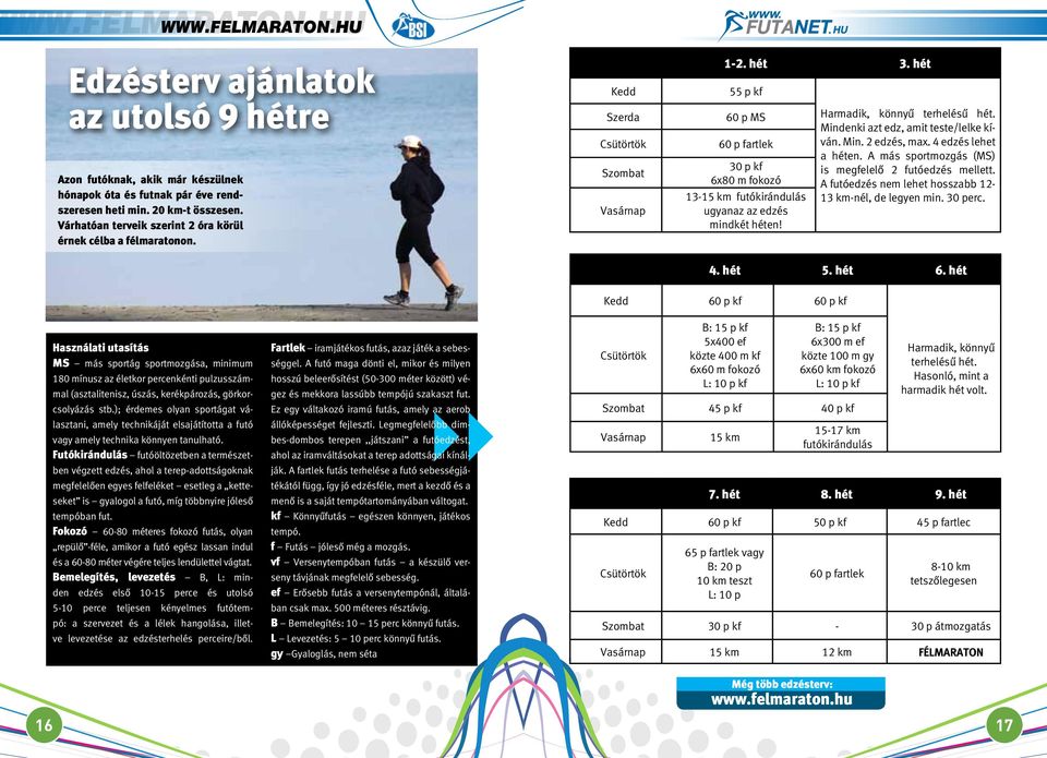 hét 55 p kf 60 p MS 60 p fartlek 30 p kf 6x80 m fokozó 13-15 km futókirándulás ugyanaz az edzés mindkét héten! Harmadik, könnyû terhelésû hét. Mindenki azt edz, amit teste/lelke kíván. Min. 2 edzés, max.