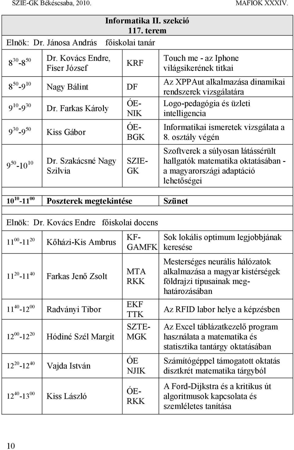 Kovács Endre főiskolai docens 11 00-11 20 Kőházi-Kis Ambrus 11 20-11 40 Farkas Jenő Zsolt 11 40-12 00 Radványi Tibor 12 00-12 20 Hódiné Szél Margit 12 20-12 40 Vajda István 12 40-13 00 Kiss László