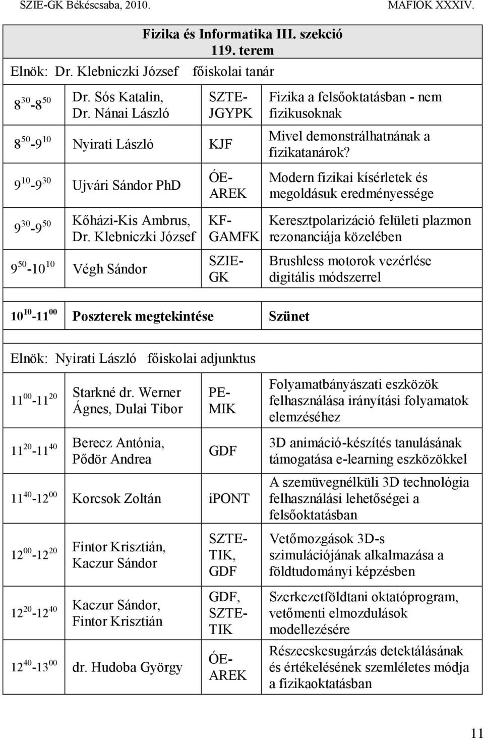 Modern fizikai kísérletek és megoldásuk eredményessége 9 30-9 50 Kőházi-Kis Ambrus, Dr.