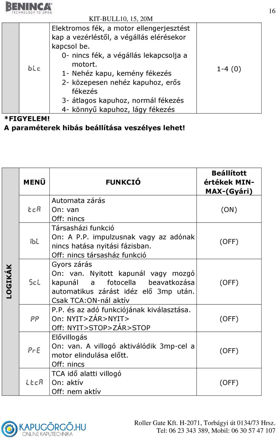 1-4 (0) 16 LOGIKÁK MENÜ FUNKCIÓ Automata zárás On: van Off: nincs Társasházi funkció On: A P.P. impulzusnak vagy az adónak nincs hatása nyitási fázisban.