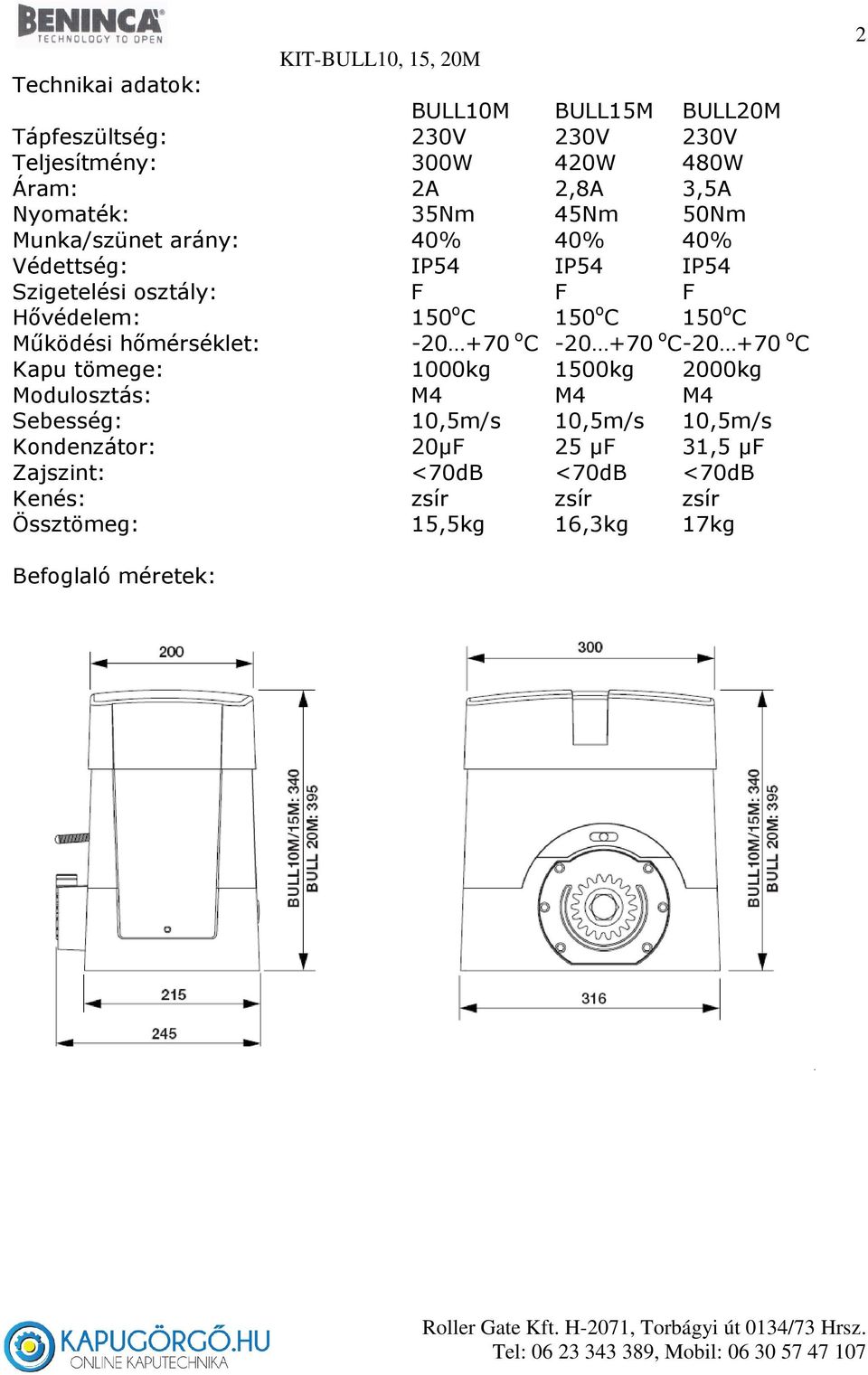 Működési hőmérséklet: -20 +70 o C -20 +70 o C -20 +70 o C Kapu tömege: 1000kg 1500kg 2000kg Modulosztás: M4 M4 M4 Sebesség: 10,5m/s