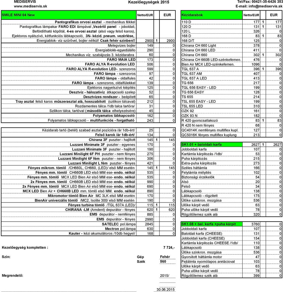 Befördítható köpıtál, 4-es orvosi asztal (alsó vagy felsı karos), 120 L 326 0 Ejektoros nyálszívó, kétfunkciós lábkapcsoló, 3N- kézid. pneum.