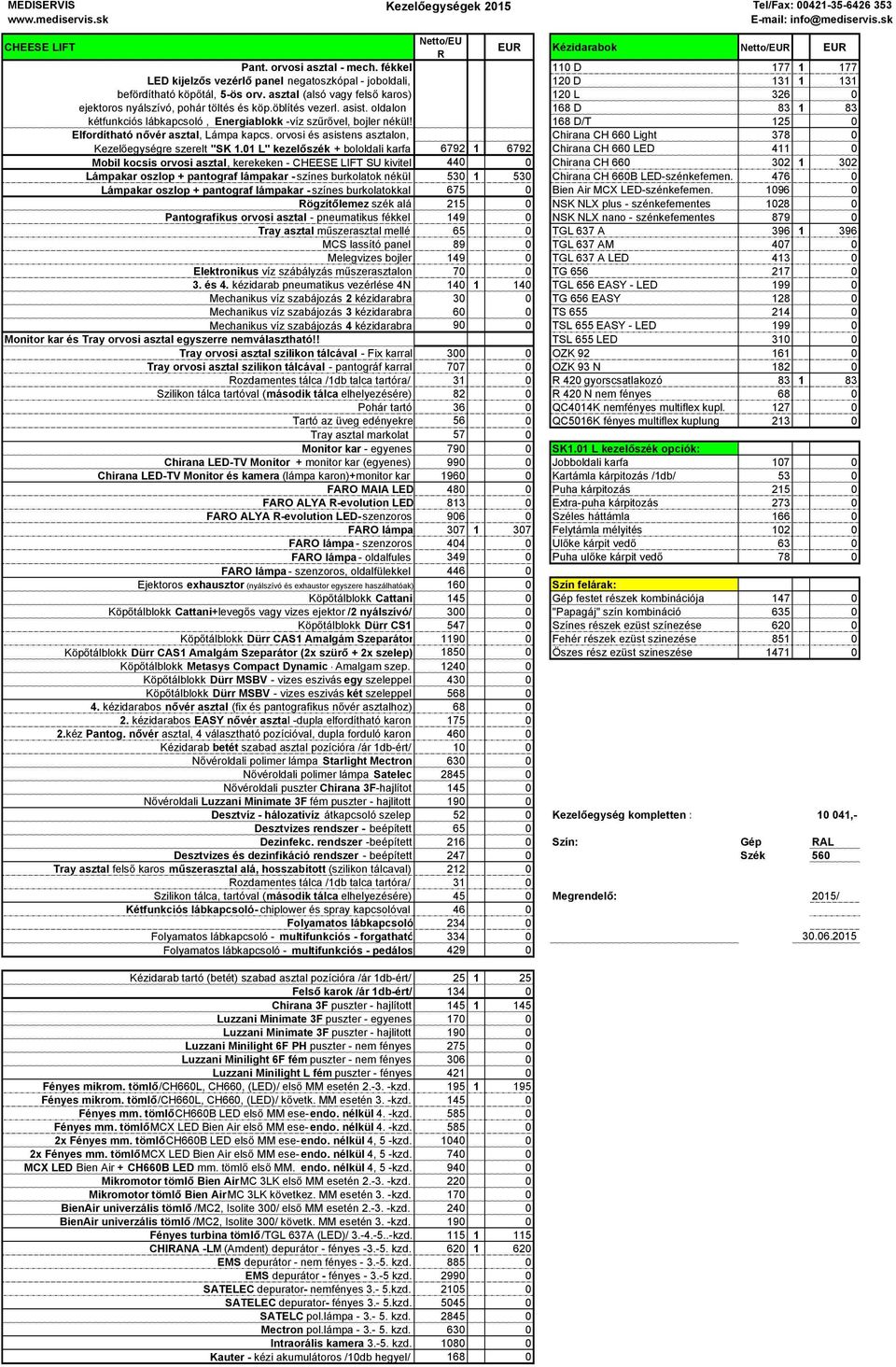 asztal (alsó vagy felsı karos) 120 L 326 0 ejektoros nyálszívó, pohár töltés és köp.öblítés vezerl. asist. oldalon 168 D 83 1 83 kétfunkciós lábkapcsoló, Energiablokk -víz szőrıvel, bojler nékül!