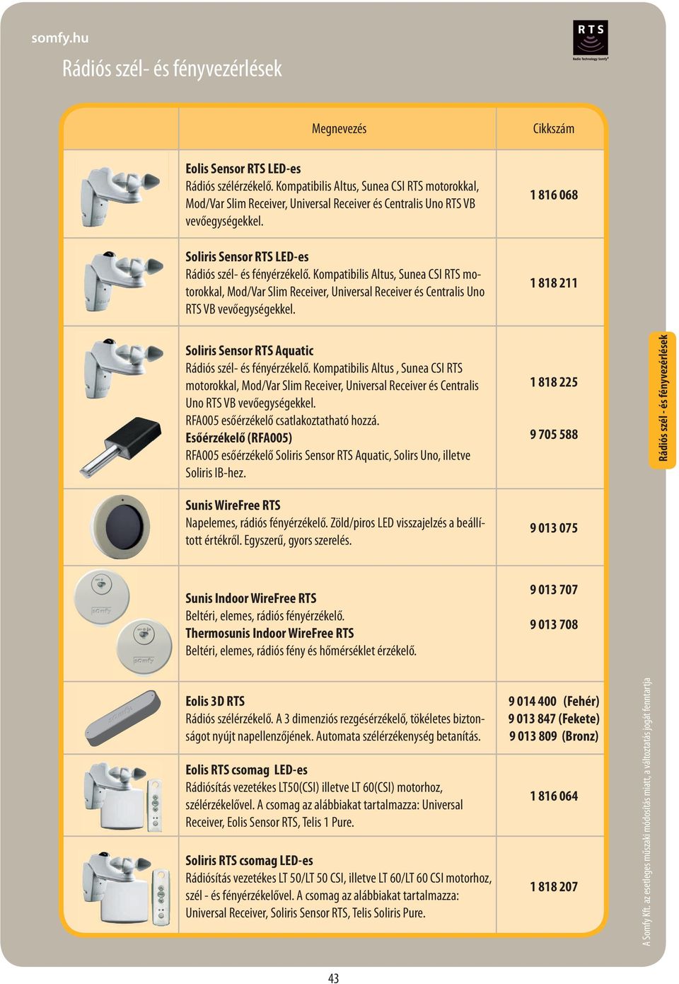 Kompatibilis Altus, Sunea CSI RTS motorokkal, Mod/Var Slim Receiver, Universal Receiver és Centralis Uno RTS VB vevőegységekkel.