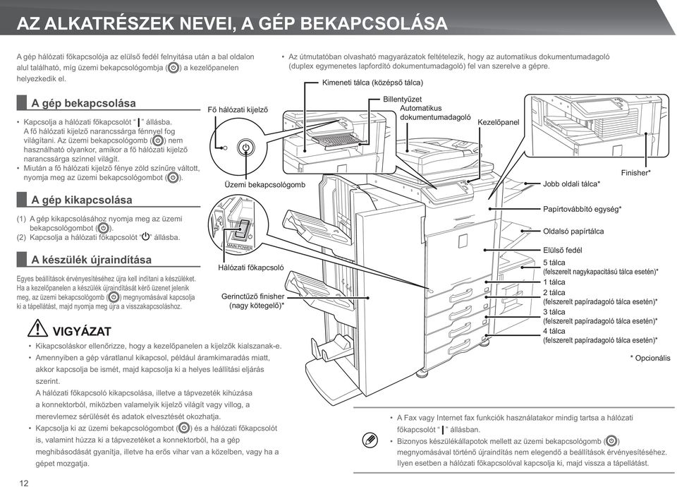 Kimeneti tálca (középső tálca) A gép bekapcsolása Kapcsolja a hálózati főkapcsolót állásba. A fő hálózati kijelző narancssárga fénnyel fog világítani.