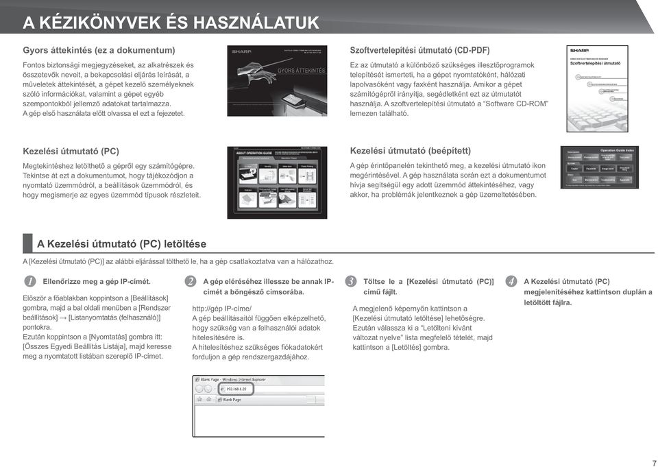 RENDSZER MX-4112N / MX-5112N Szoftvertelepítési útmutató (CD-PDF) Fontos biztonsági megjegyzéseket, az alkatrészek és összetevők neveit, a bekapcsolási eljárás leírását, a műveletek áttekintését, a