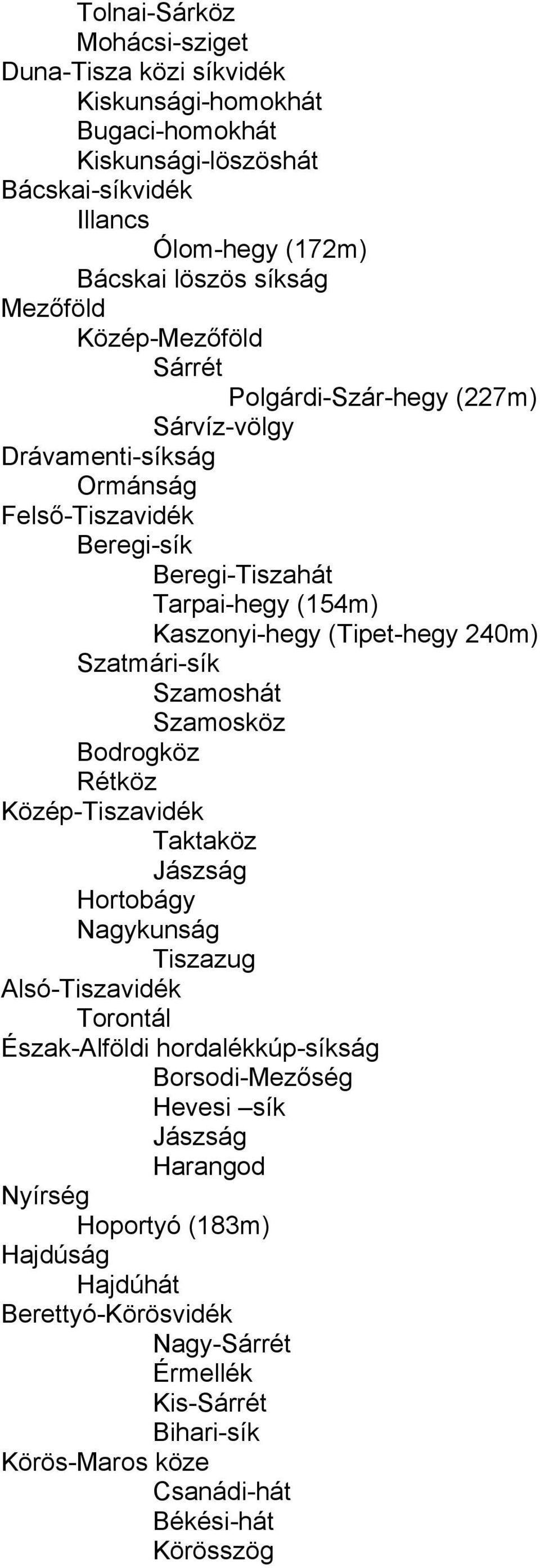 Szatmári-sík Szamoshát Szamosköz Bodrogköz Rétköz Közép-Tiszavidék Taktaköz Jászság Hortobágy Nagykunság Tiszazug Alsó-Tiszavidék Torontál Észak-Alföldi hordalékkúp-síkság