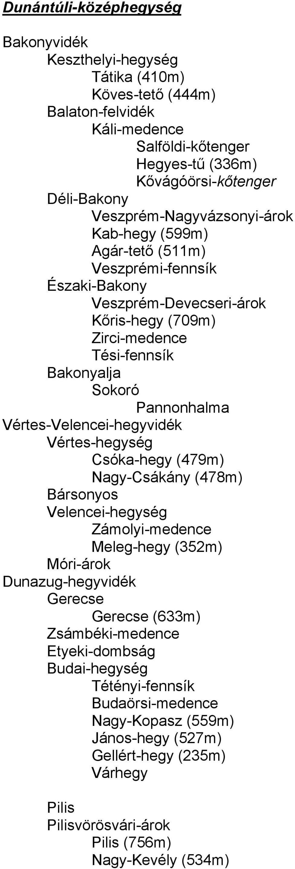 Vértes-Velencei-hegyvidék Vértes-hegység Csóka-hegy (479m) Nagy-Csákány (478m) Bársonyos Velencei-hegység Zámolyi-medence Meleg-hegy (352m) Móri-árok Dunazug-hegyvidék Gerecse Gerecse (633m)