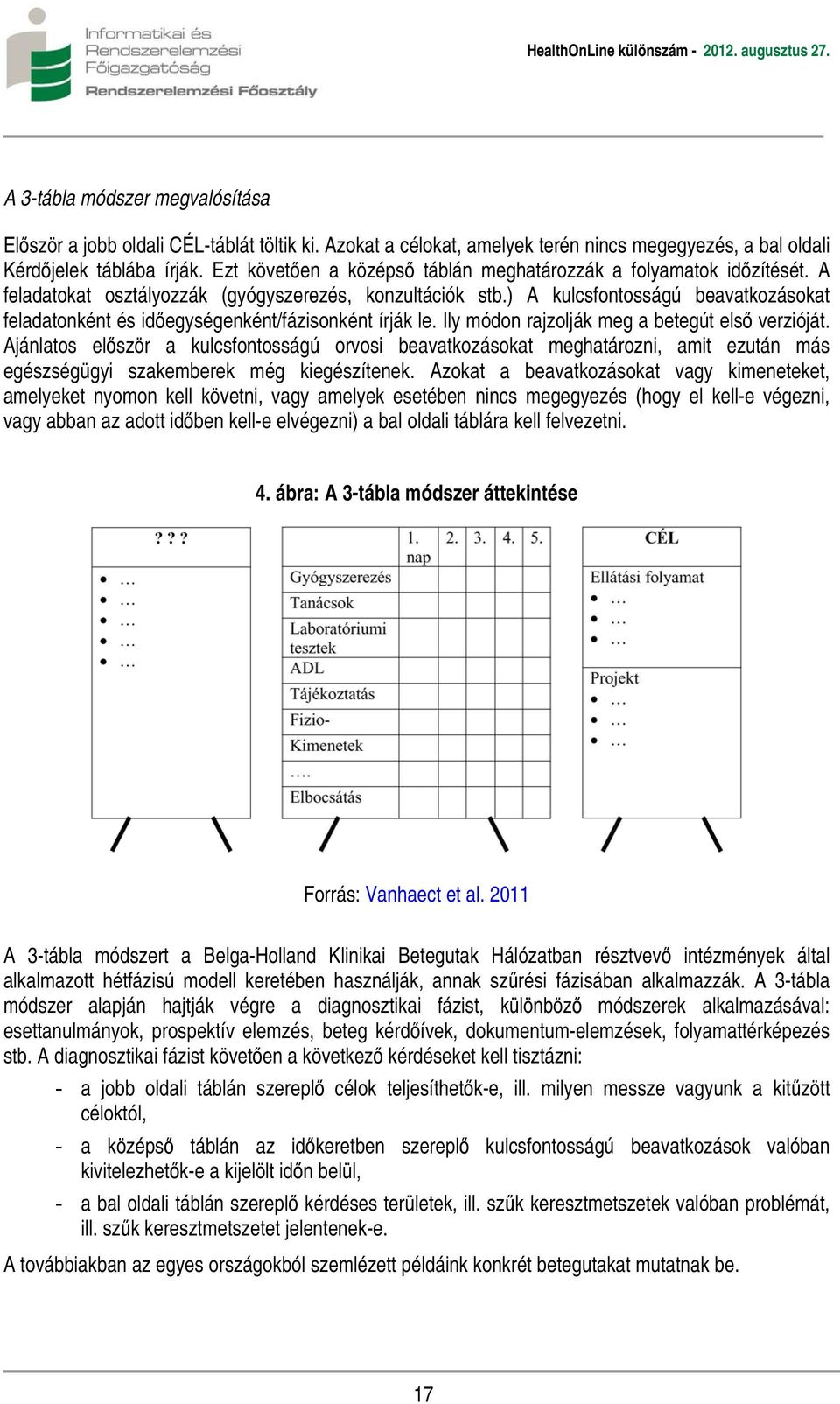 ) A kulcsfontosságú beavatkozásokat feladatonként és időegységenként/fázisonként írják le. Ily módon rajzolják meg a betegút első verzióját.