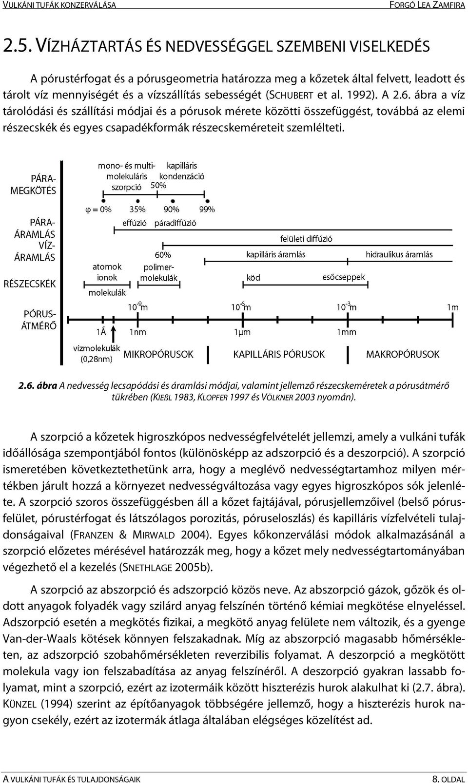 2.6. ábra A nedvesség lecsapódási és áramlási módjai, valamint jellemző részecskeméretek a pórusátmérő tükrében (KIEßL 1983, KLOPFER 1997 és VÖLKNER 2003 nyomán).