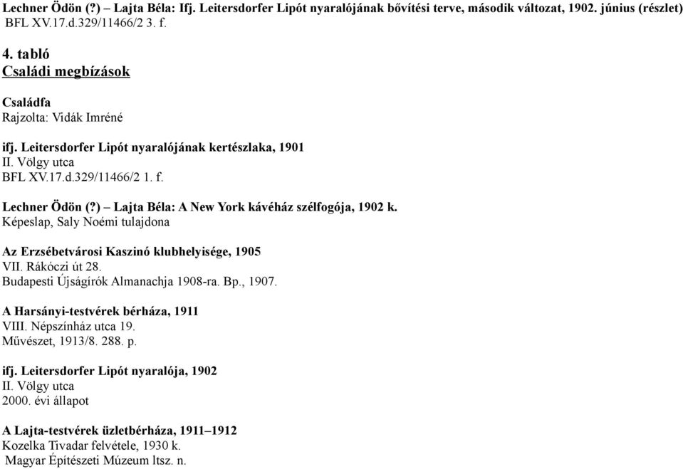 ) Lajta Béla: A New York kávéház szélfogója, 1902 k. Képeslap, Saly Noémi tulajdona Az Erzsébetvárosi Kaszinó klubhelyisége, 1905 VII. Rákóczi út 28. Budapesti Újságírók Almanachja 1908-ra. Bp., 1907.