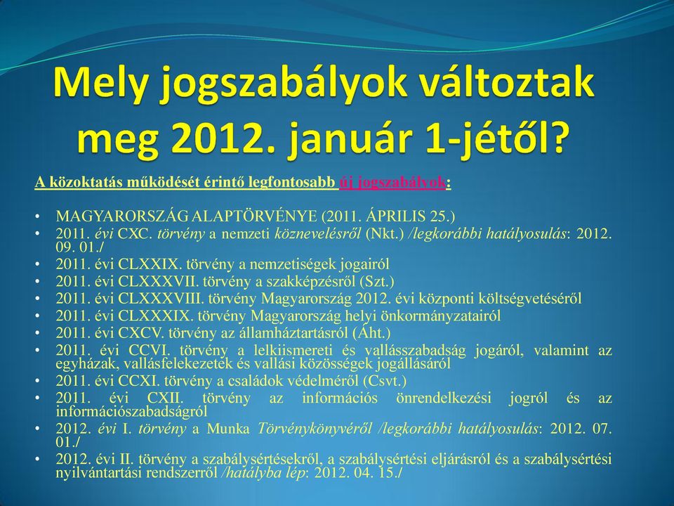 törvény Magyarország helyi önkormányzatairól 2011. évi CXCV. törvény az államháztartásról (Áht.) 2011. évi CCVI.