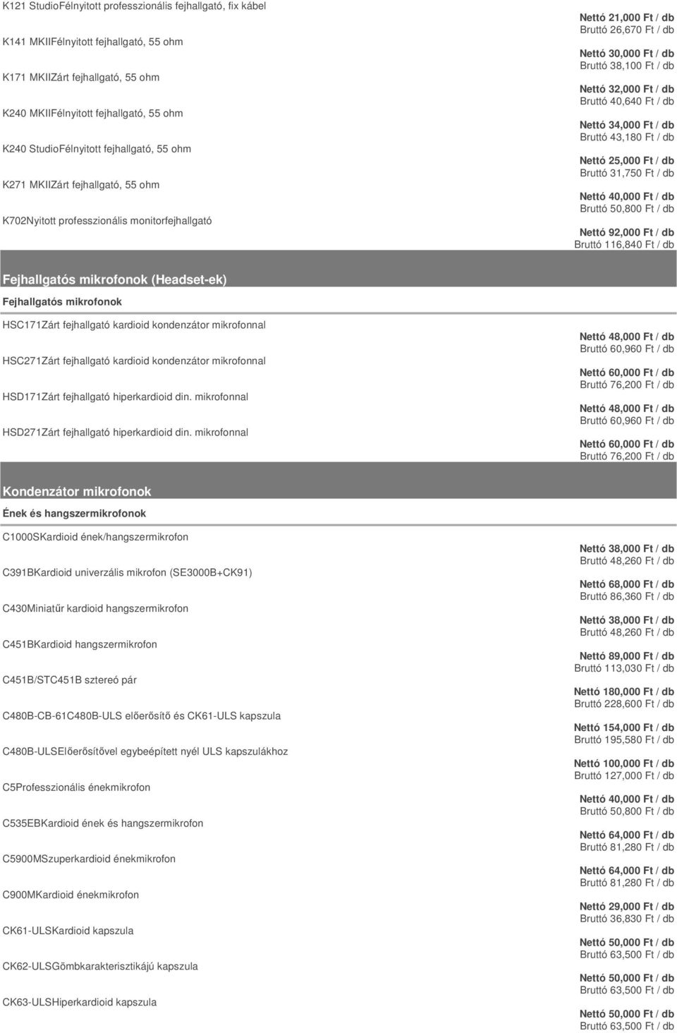 Ft / db Bruttó 43,180 Ft / db Nettó 25,000 Ft / db Bruttó 31,750 Ft / db Nettó 40,000 Ft / db Bruttó 50,800 Ft / db Nettó 92,000 Ft / db Bruttó 116,840 Ft / db Fejhallgatós mikrofonok (Headset-ek)