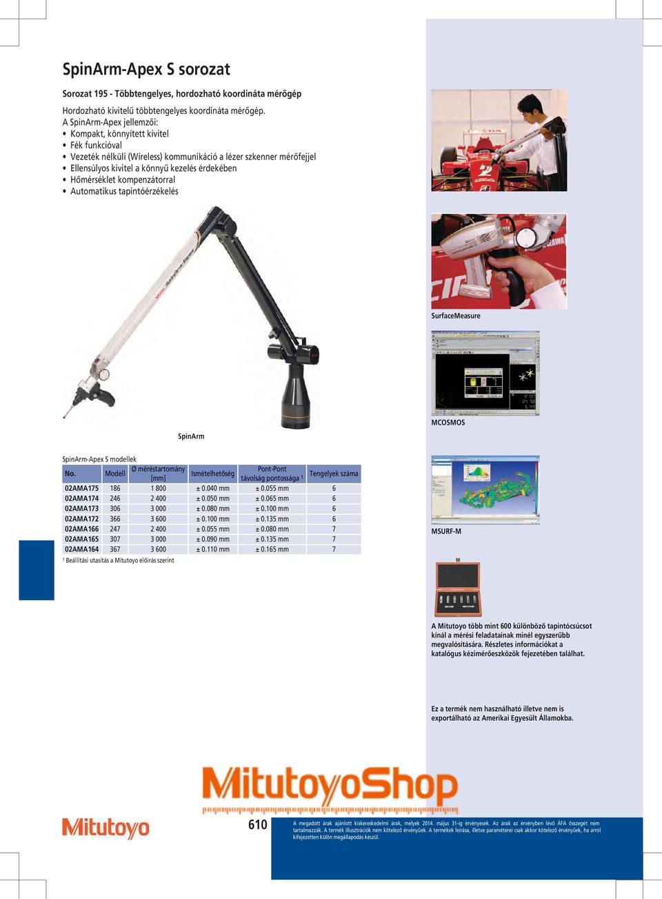 kompenzátorral Automatikus tapintóérzékelés SurfaceMeasure SpinArm MCOSMOS SpinArm-Apex S modellek No.