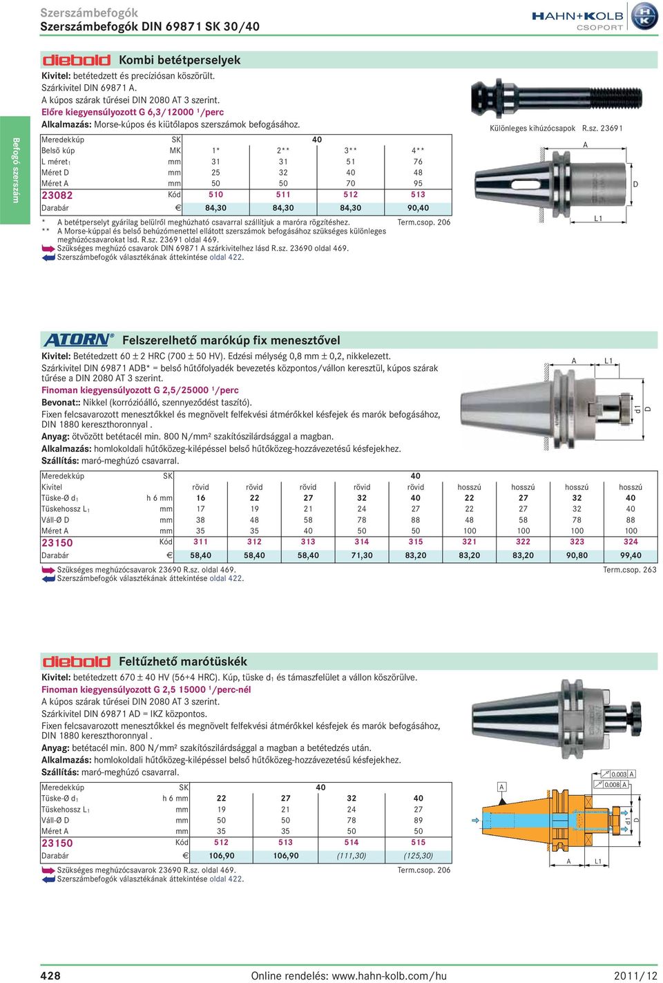 Meredekkúp SK 40 Belsõ kúp MK 1* 2** 3** 4** L méret 1 mm 31 31 51 76 Méret mm 25 32 40 48 Méret mm 50 50 70 95 23082 Kód 510 511 512 513 arabár E 84,30 84,30 84,30 90,40 * betétperselyt gyárilag