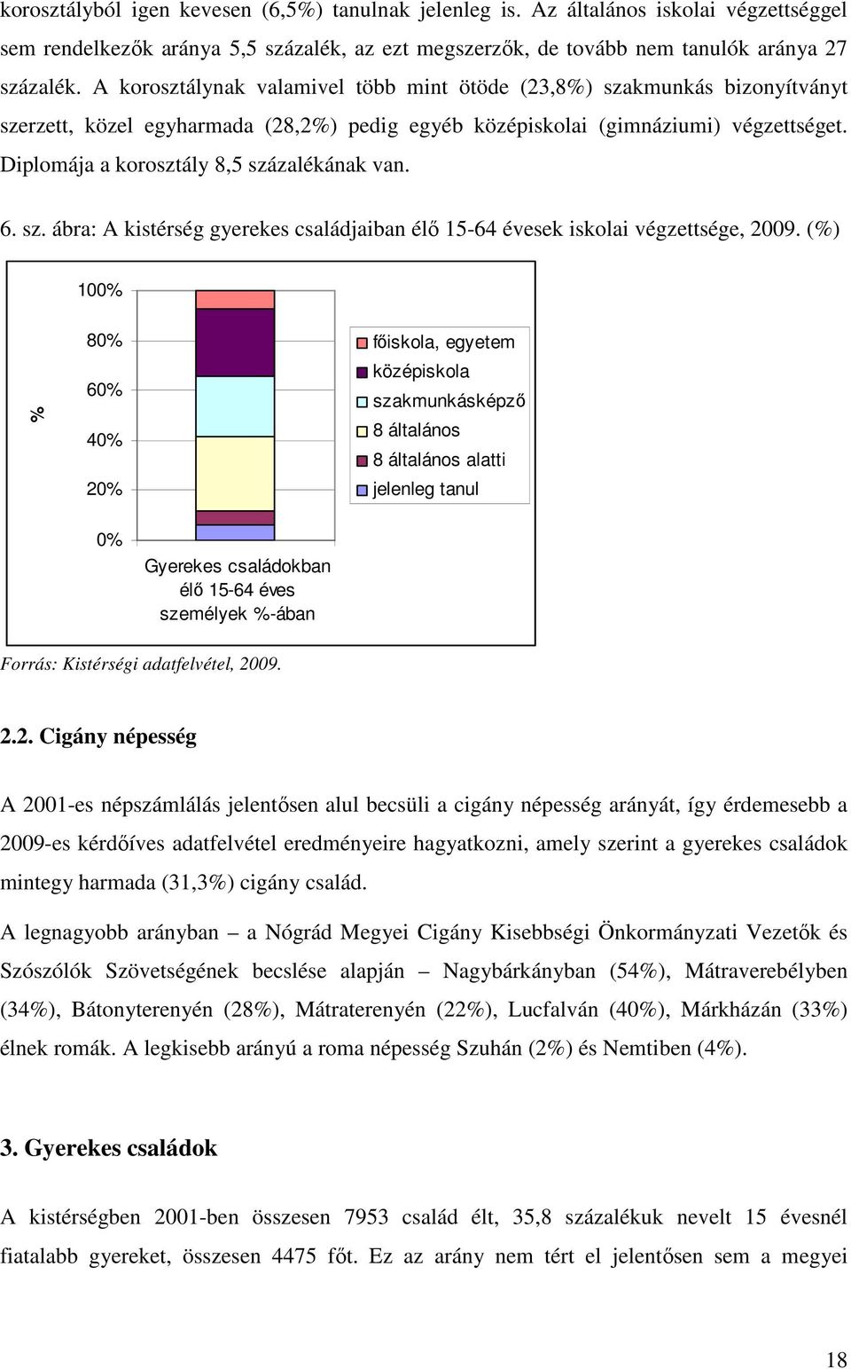 Diplomája a korosztály 8,5 százalékának van. 6. sz. ábra: A kistérség gyerekes családjaiban élő 15-64 évesek iskolai végzettsége, 2009.