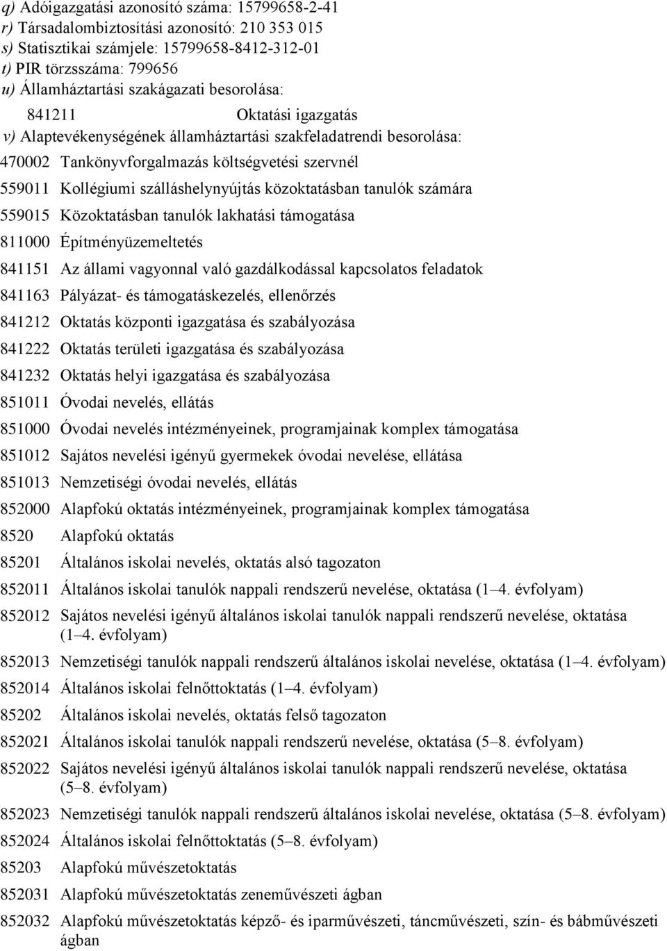 közoktatásban tanulók számára 559015 Közoktatásban tanulók lakhatási támogatása 811000 Építményüzemeltetés 841151 Az állami vagyonnal való gazdálkodással kapcsolatos feladatok 841163 Pályázat- és