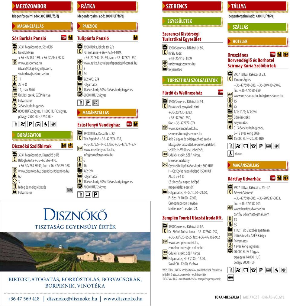 000 HUF/ ágyas, pótágy: 500 HUF, 3750 HUF Borászatok Disznókő Szőlőbirtok 393 Mezőzombor, Disznókő dűlő Balogh Anita +36-47/569-40, +36-30/89-9449, fax: +36-47/369-68 www.disznoko.