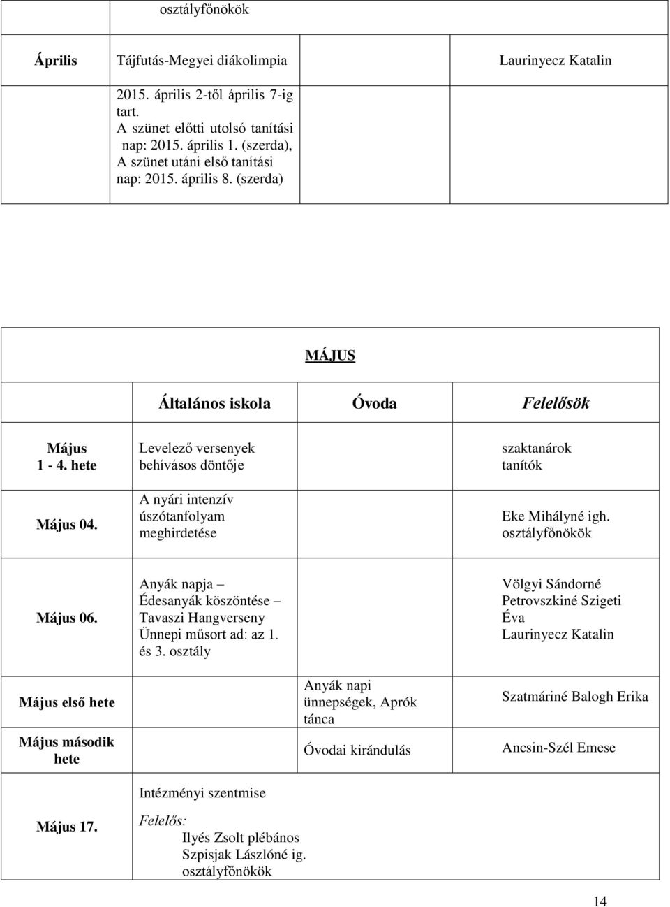 Levelező versenyek behívásos döntője A nyári intenzív úszótanfolyam meghirdetése szaktanárok tanítók Május 06.