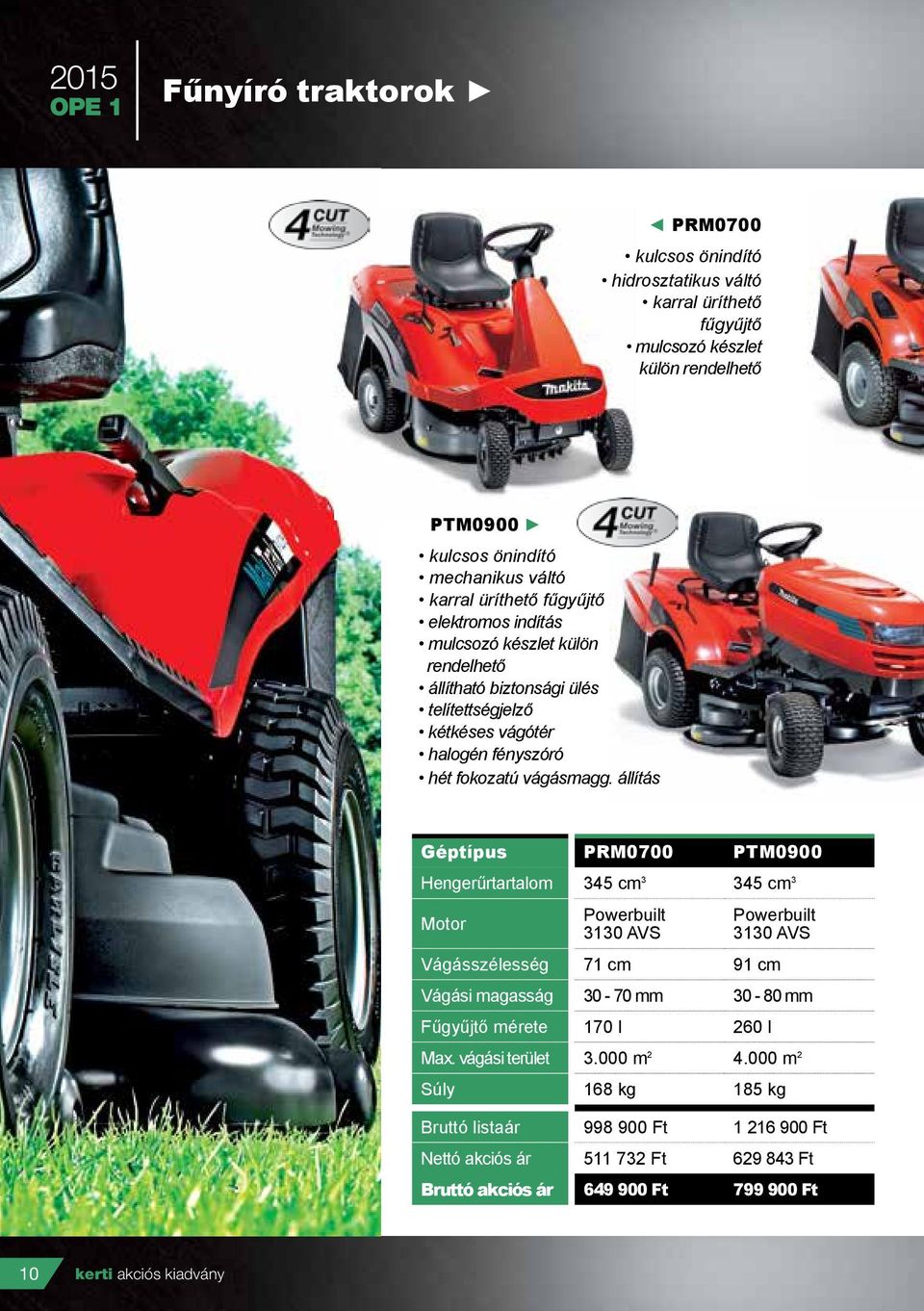 állítás Géptípus PRM0700 PTM0900 Hengerűrtartalom 345 cm 3 345 cm 3 Motor Powerbuilt 3130 AVS Powerbuilt 3130 AVS Vágásszélesség 71 cm 91 cm Vágási magasság 30-70 mm 30-80 mm Fűgyűjtő