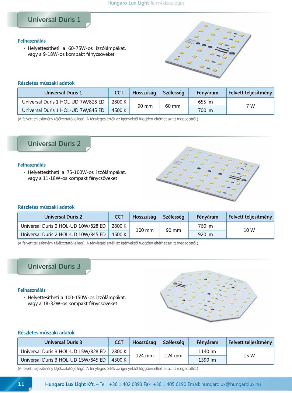 ) Universal Duris 2 Helyettesítheti a 75-100W-os izzólámpákat, vagy a 11-18W-os kompakt fénycsöveket Universal Duris 2 CCT Hosszúság Szélesség Fényáram Felvett teljesítmény Universal Duris 2 HOL-UD