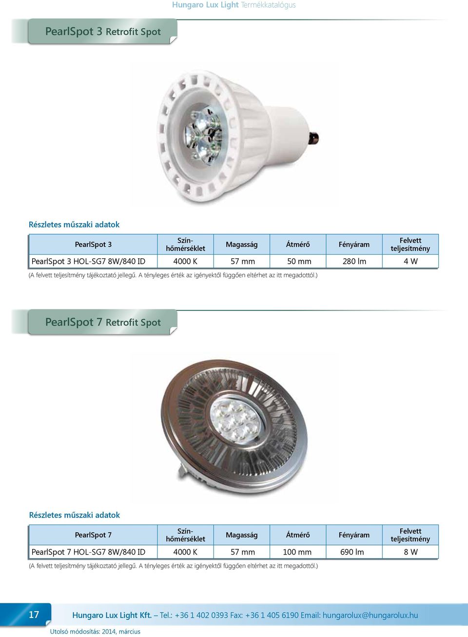 ) PearlSpot 7 Retrofit Spot PearlSpot 7 Magasság Átmérő Fényáram (A felvett teljesítmény tájékoztató jellegű.